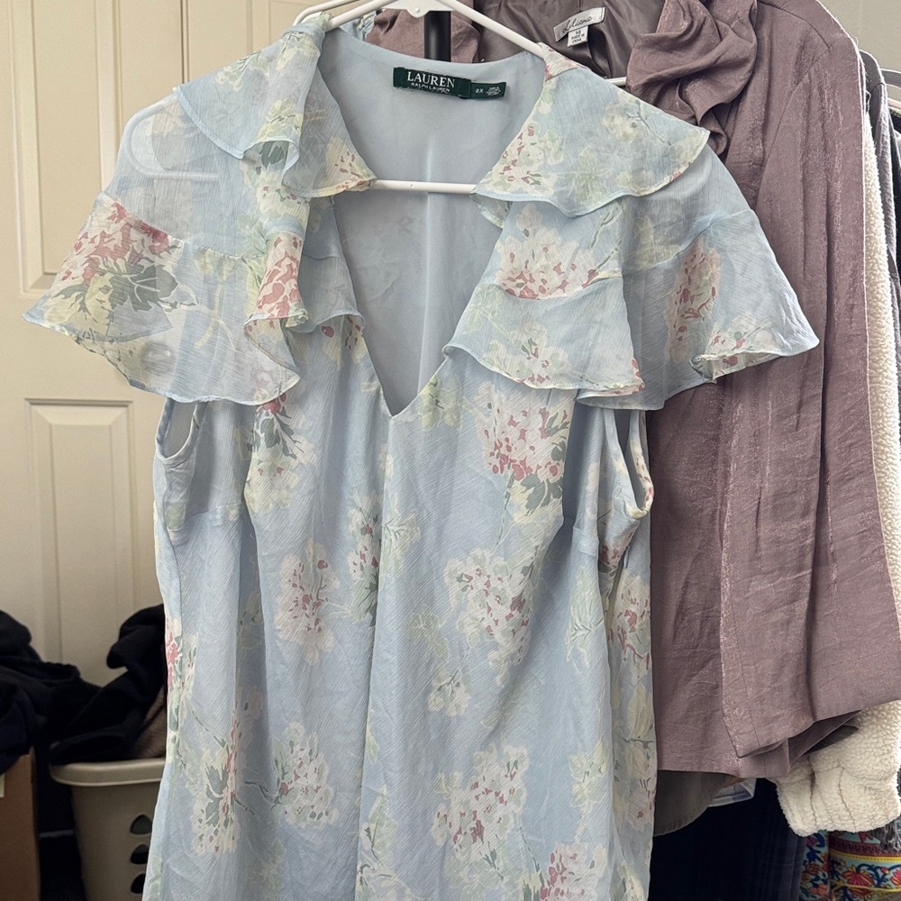 Ralph Lauren Light Blue Floral Ruffled Blouse
